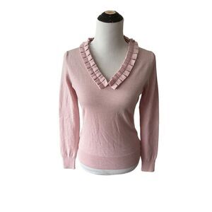 Brooks Brothers pink/lavender Merino Wool ruffled V-Neck pullover sweater sz S